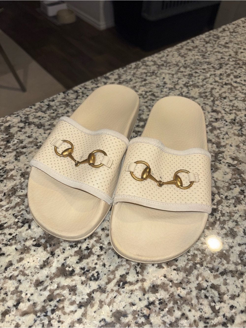 Gucci Horsebit Perforated Leather Slide Sandals Cream